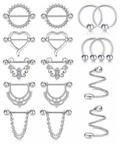 14G Nipple Rings Stainless Steel Straight Barbell Tongue Rings Nipplerings Piercing Women CZ Heart Chain Dangle Nipple Pierci...