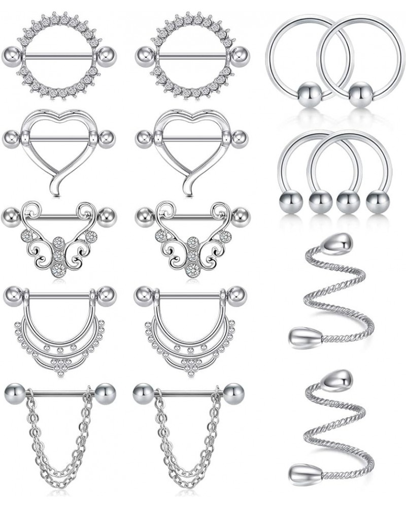 14G Nipple Rings Stainless Steel Straight Barbell Tongue Rings Nipplerings Piercing Women CZ Heart Chain Dangle Nipple Pierci...