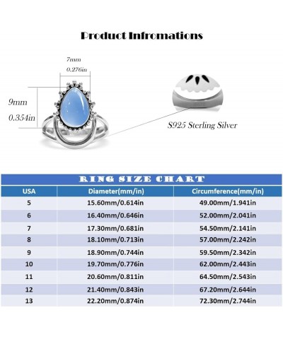 Natural Agate Stone Crescent Moon Ring for Women Girls,S925 Sterling Silver Waterdrop Shaped Gemstone Boho Statement Ring Jew...