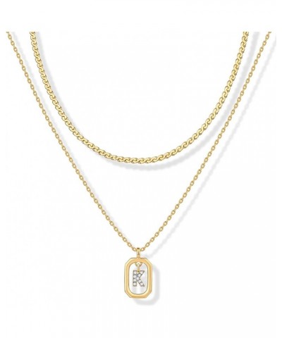 14K Gold Plated Cubic Zirconia Letter Pendant Layered Necklace | Framed Initial Letter Cable Singapore Chains Layering Neckla...