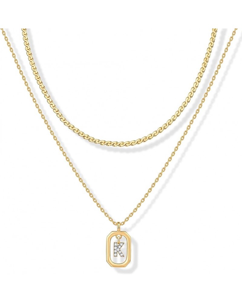 14K Gold Plated Cubic Zirconia Letter Pendant Layered Necklace | Framed Initial Letter Cable Singapore Chains Layering Neckla...