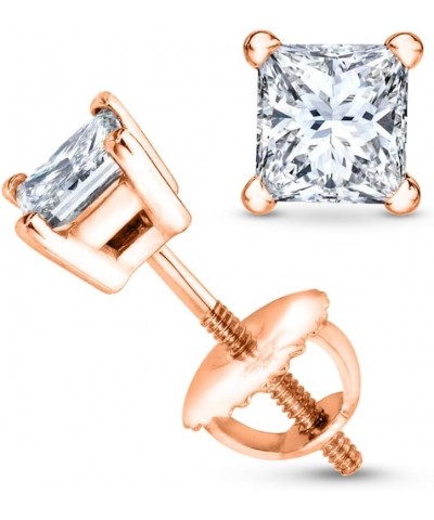 1/2-2 Carat Total Weight Princess Diamond Stud Earrings 4 Prong Screw Back (I-J Color I1-I2 Clarity) 0.74 Carat 14K Rose Gold...