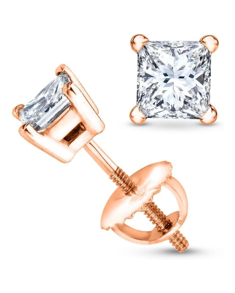 1/2-2 Carat Total Weight Princess Diamond Stud Earrings 4 Prong Screw Back (I-J Color I1-I2 Clarity) 0.74 Carat 14K Rose Gold...