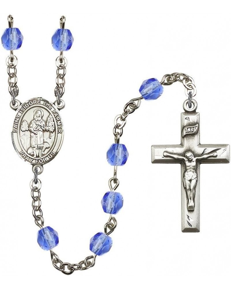 St. Isidore The Farmer Silver-Plated Rosary - Every Birth Month Color and More September Blue, Small Crucifix $56.76 Necklaces