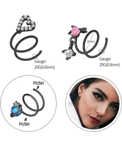 20G 0.8mm Stainless Steel Silver Double Nose Ring Hoop for Single Piercing Double Spiral Twist Piercing Set CZ Double Earring...