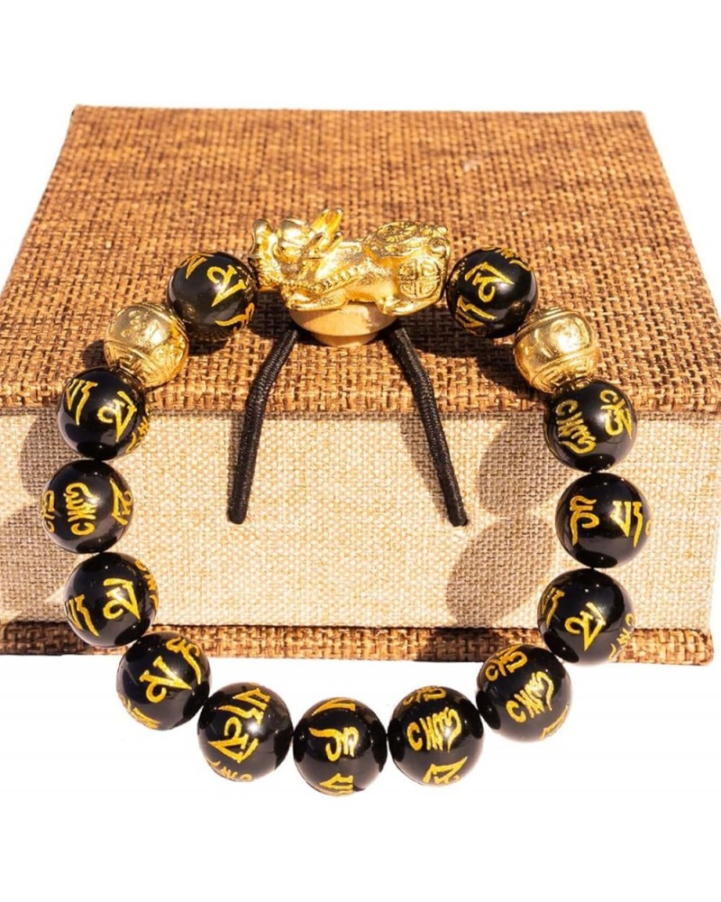 Feng Shui Bracelet Obsidian Bracelet, 24k Gold Plated Pixiu Bracelet Dragon Protection for Men Women, Mantra Prayer Beads Bra...