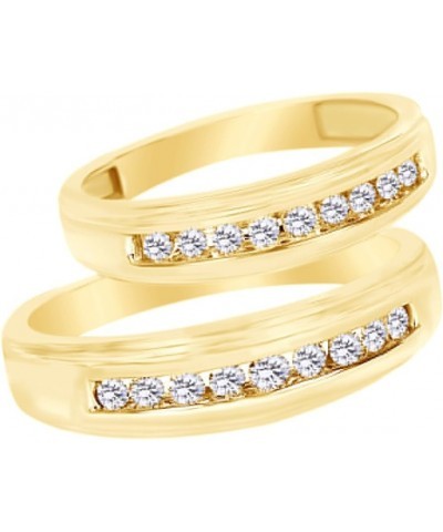 White Natural Diamond His and Hers Wedding Band Ring Set 14K Yellow Gold (0.38 Cttw) Men Size - 14 Women Size - 14 $434.24 Sets