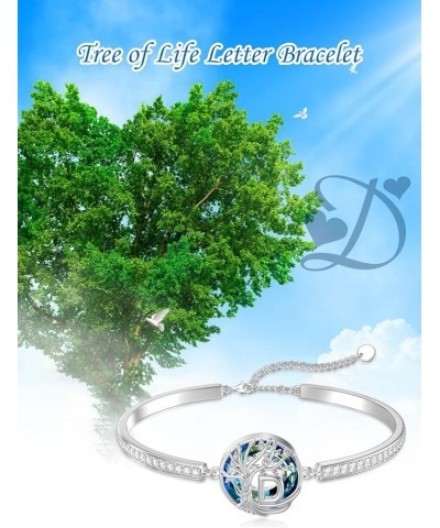 Tree of Life Initial Bangle Bracelet, 925 Sterling Silver Dainty Letter Bracelets with Blue Crystal, Adjustable Charm Alphabe...