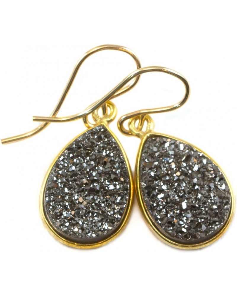 14k Gold Filled Drusy Earrings Black Grey Druzy Teardrop Goldtone Bezel Set Simple Drops $18.40 Earrings