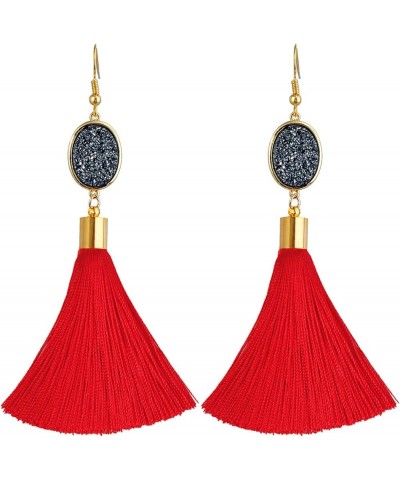 Tassel Drop Earrings for Women, Bohemian Drusy Crystal Quartz Stone Dangle Earrings for Girls 3Red(oval) $11.39 Earrings