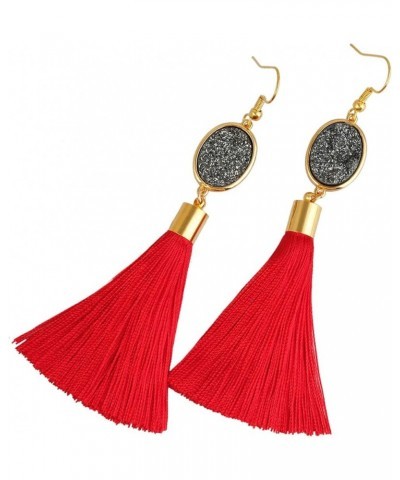 Tassel Drop Earrings for Women, Bohemian Drusy Crystal Quartz Stone Dangle Earrings for Girls 3Red(oval) $11.39 Earrings