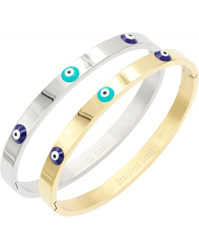 6 mm Width Stainless Steel Evil Eye Bangle Polished Finish Oval Shape 7 Inches Bracelet 2 Pieces Set Silver, Gold $13.73 Brac...