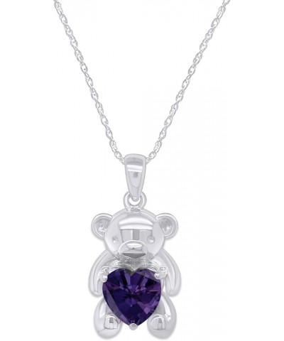 925 Sterling Silver Teddy Bear Pendant Necklace with Simulated Gemstone Love Heart Bear white-gold-plated-silver Alexandrite ...