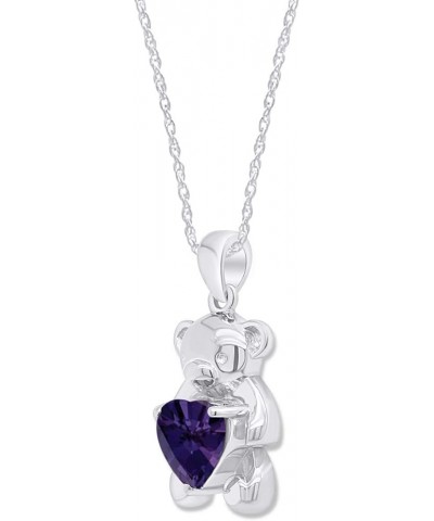 925 Sterling Silver Teddy Bear Pendant Necklace with Simulated Gemstone Love Heart Bear white-gold-plated-silver Alexandrite ...