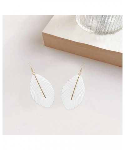 Large Genuine Soft Leather Handmade Fringe Feather Lightweight Leaf with Simple Drop Metal Bar Tear Drop Dangle Color Earring...