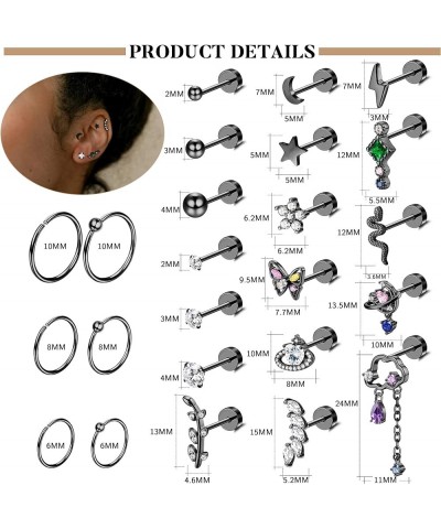 24PCS 20G Cartilage Earring Stainless Steel Stud Earrings For Women Gold Silve CZ Stud Earrings Flower Leaf Screw Flat Back E...