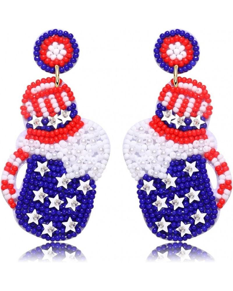 American Flag Earrings Beaded 4th of July Earrings Red White Blue Cocktail Wine Glass Dangle Earrings for Women Patriotic Sta...