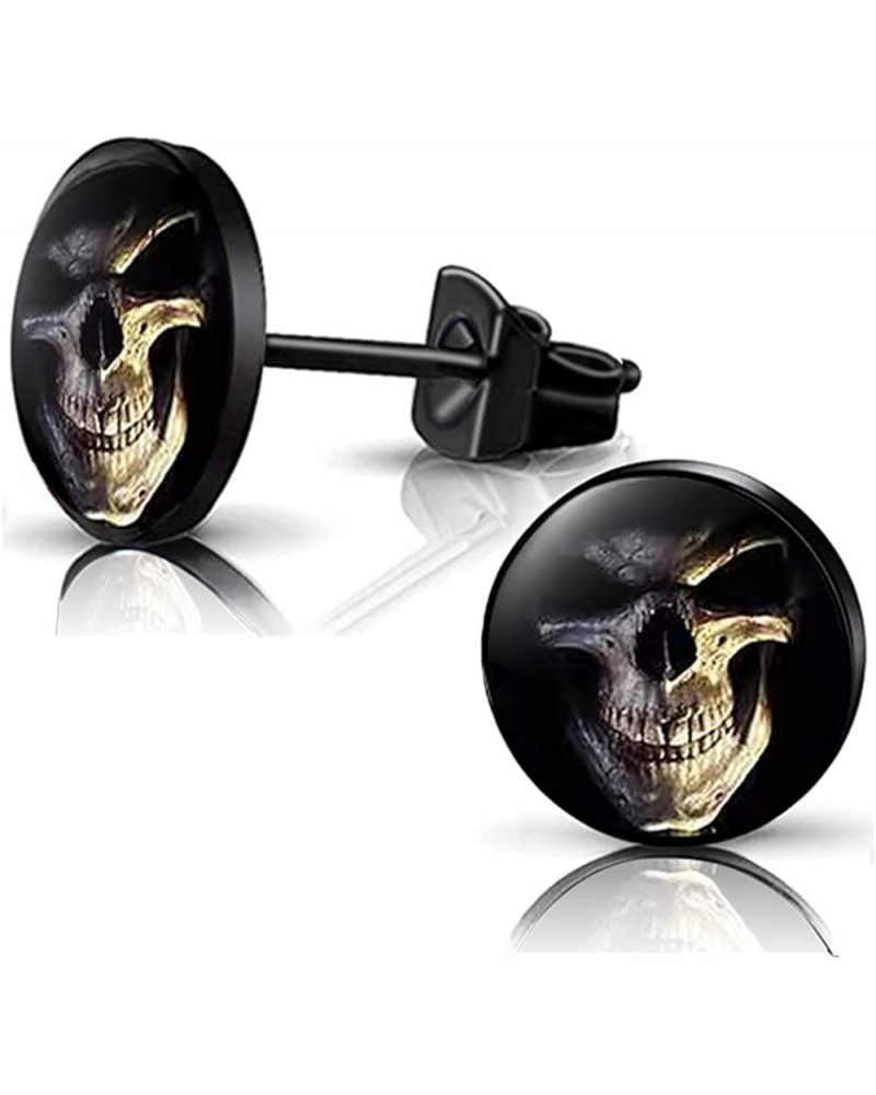 Stainless Steel Stud Earrings Black Round Skull Rock Earrings Set for Women Men 10mm Plug-3 $6.29 Earrings