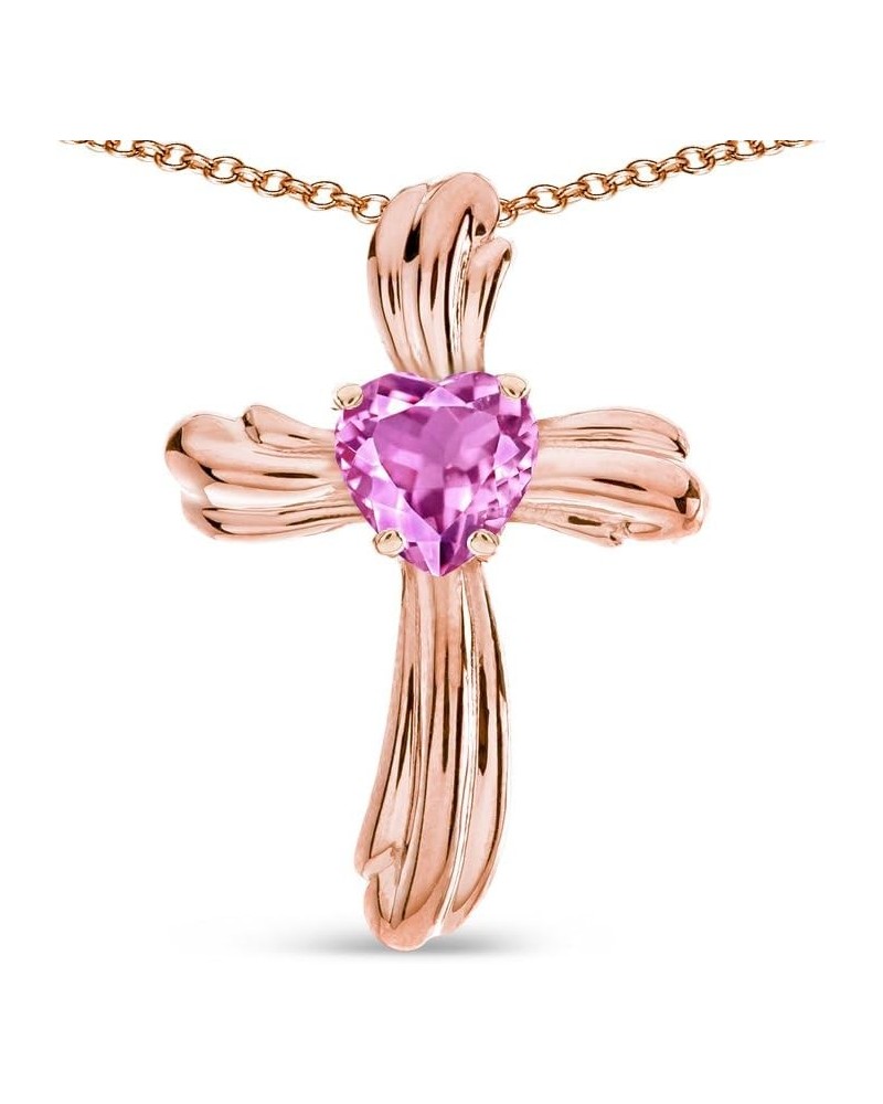 Solid 14k Gold Heart Shape 6mm Ribbed Cross Of Love Pendant Necklace Created Pink Sapphire Rose Gold $120.24 Necklaces