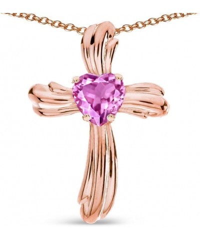 Solid 14k Gold Heart Shape 6mm Ribbed Cross Of Love Pendant Necklace Created Pink Sapphire Rose Gold $120.24 Necklaces