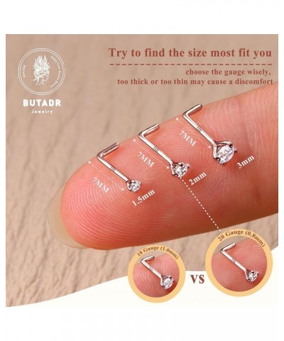 14K Real Gold Nose Studs, 18G 20G Solid Gold L Shaped Nose Rings, Simulated Diamond CZ Hypoallergenic Nose Piercings for Wome...