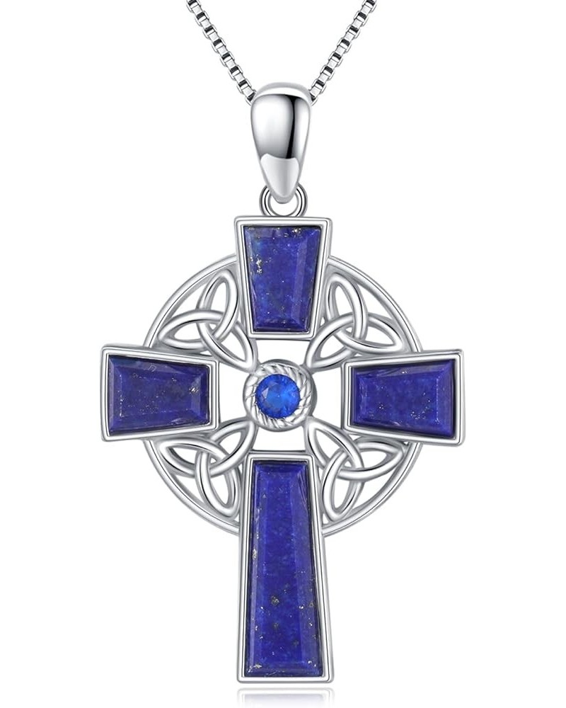 Celtic Cross Necklace 925 Sterling Silver Nature Lapis Lazuli Pendant Necklace Celtic Trinity Knot Necklace Irish Jewelry Gif...