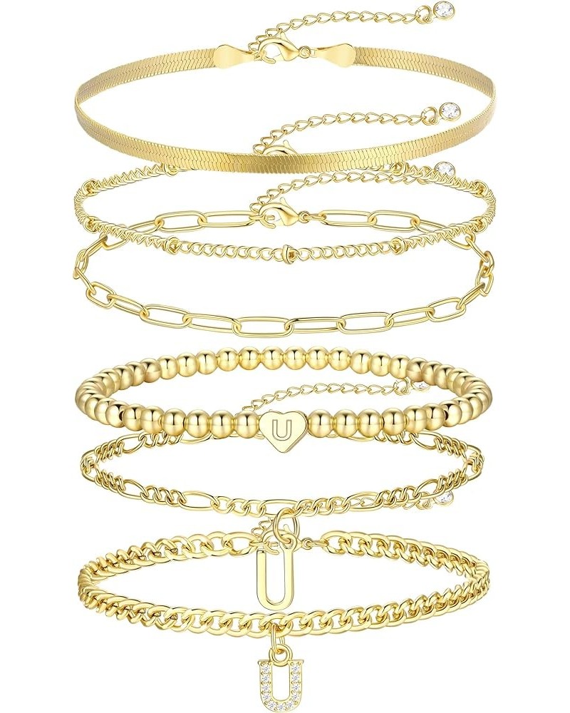 6 Pcs Gold Initial Bracelets Set for Women Girls Trendy, 14K Real Gold Plated Stackable Chain Bracelets Adjustable, Dainty St...