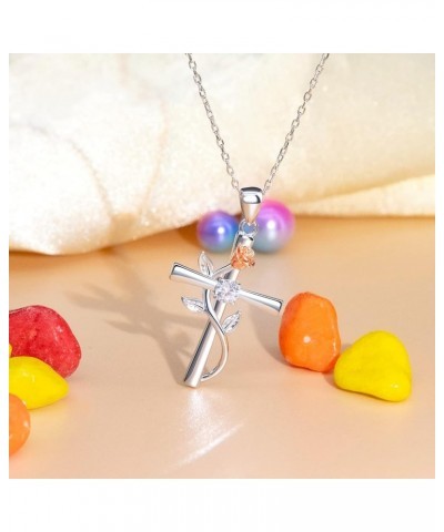 Cross Necklace for Women 925 Sterling Silver Rose Flower Religious Cross Pendant Necklace Jewelry Gifts for Women Girlfriend ...