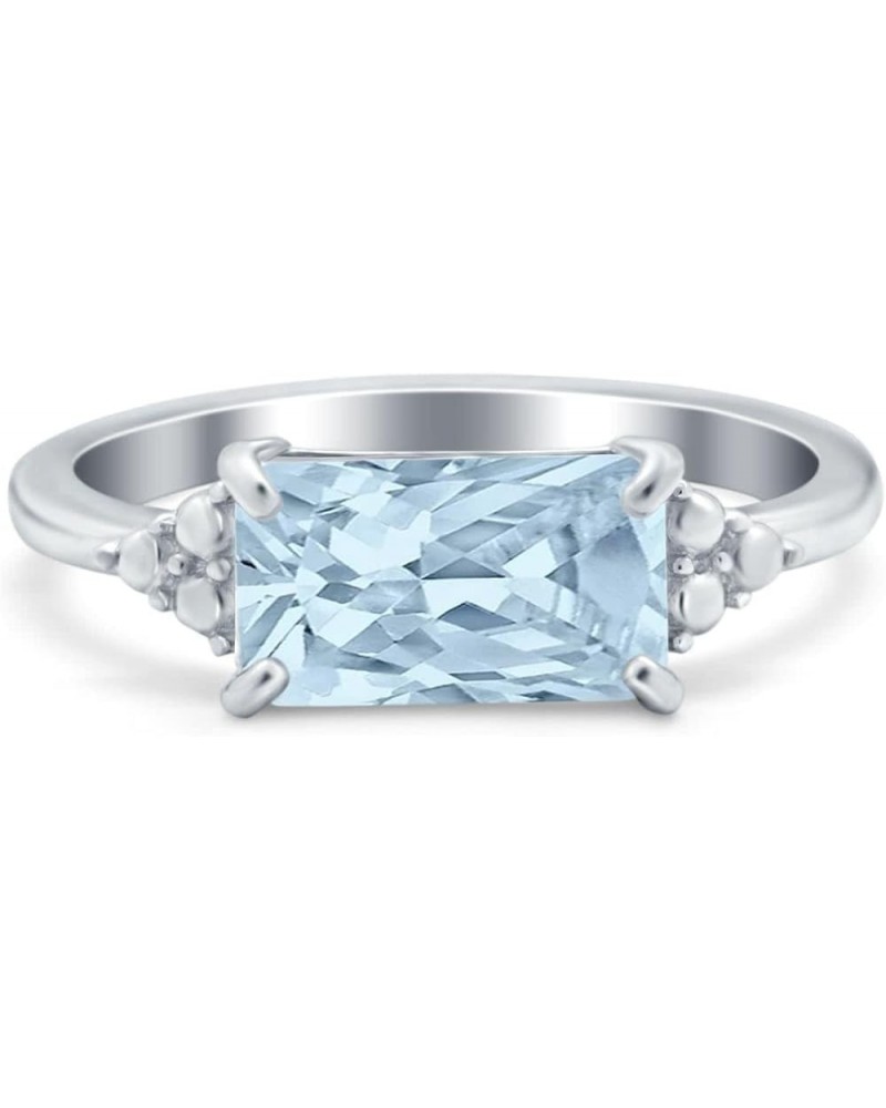 Emerald Cut Sideways Fashion Ring Dainty Band Round Simulated Cubic Zirconia 925 Sterling Silver Simulated Aquamarine CZ $14....