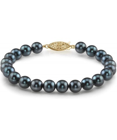 14K Gold 7-7.5mm Round Black Japanese Akoya Saltwater Cultured Pearl Bracelet for Women Yellow Gold 7.5 Inches $89.76 Bracelets