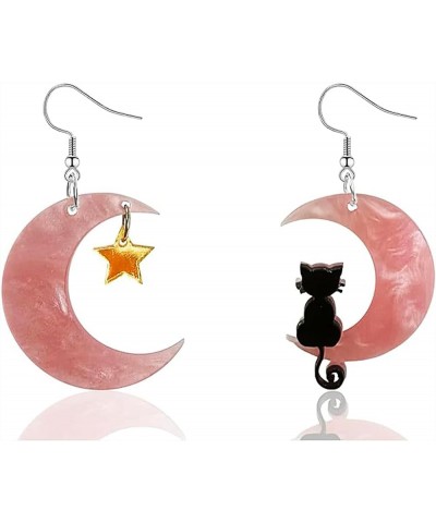 Halloween Moon Star Cat Dangle Earrings for Women Funny Black Pink Animal Cat Jewelry Gifts Pink $6.59 Earrings