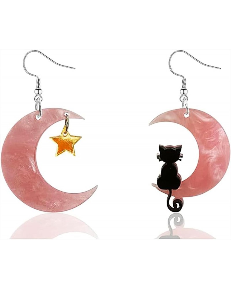 Halloween Moon Star Cat Dangle Earrings for Women Funny Black Pink Animal Cat Jewelry Gifts Pink $6.59 Earrings