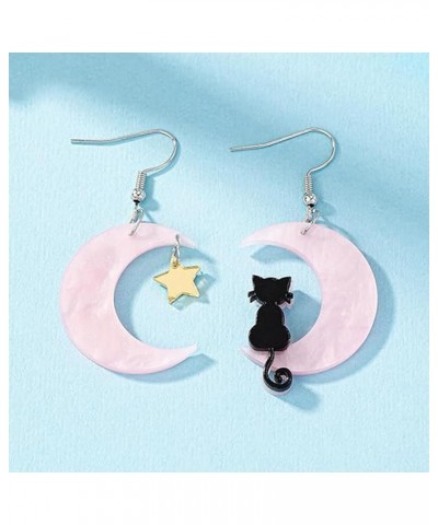 Halloween Moon Star Cat Dangle Earrings for Women Funny Black Pink Animal Cat Jewelry Gifts Pink $6.59 Earrings