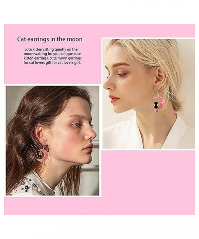 Halloween Moon Star Cat Dangle Earrings for Women Funny Black Pink Animal Cat Jewelry Gifts Pink $6.59 Earrings