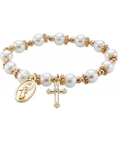 PalmBeach Goldtone Round Simulated Pearl and Round Crystal, Religious Stretch Bracelet (8mm), 7 inch Length $13.83 Bracelets