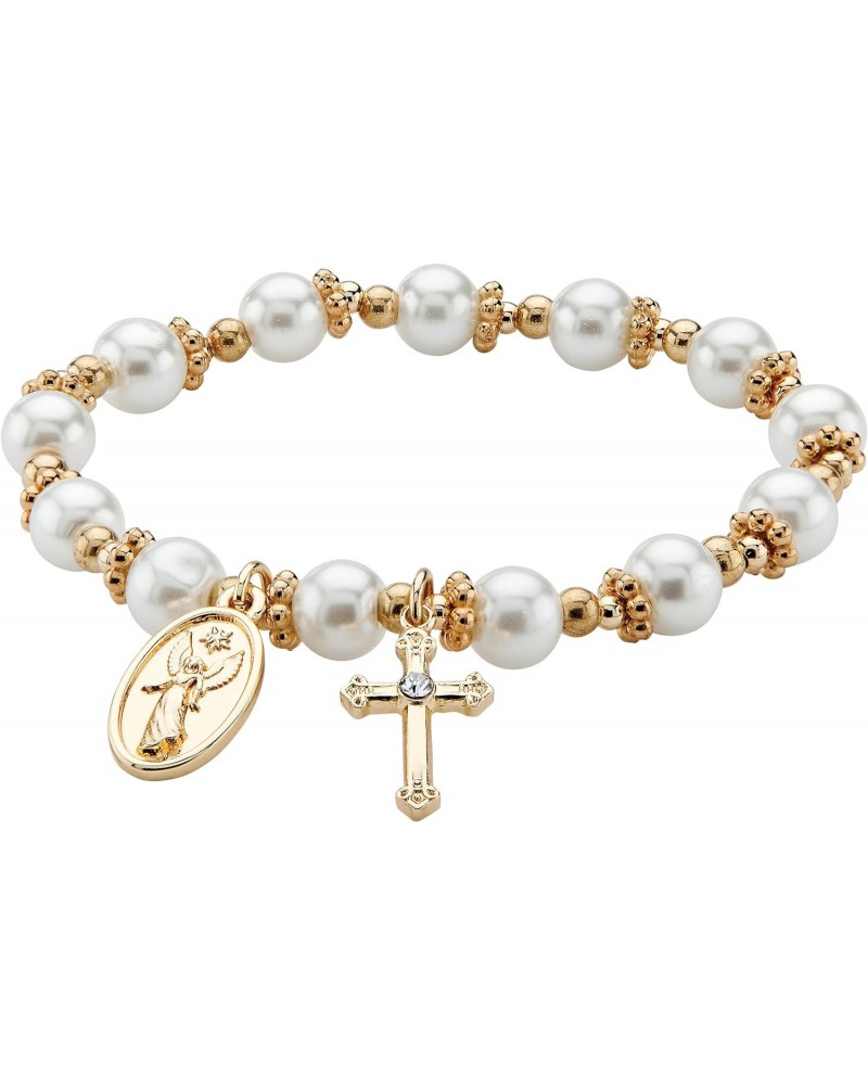 PalmBeach Goldtone Round Simulated Pearl and Round Crystal, Religious Stretch Bracelet (8mm), 7 inch Length $13.83 Bracelets