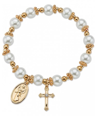 PalmBeach Goldtone Round Simulated Pearl and Round Crystal, Religious Stretch Bracelet (8mm), 7 inch Length $13.83 Bracelets