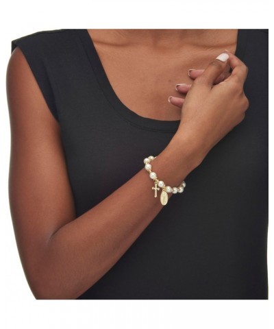 PalmBeach Goldtone Round Simulated Pearl and Round Crystal, Religious Stretch Bracelet (8mm), 7 inch Length $13.83 Bracelets