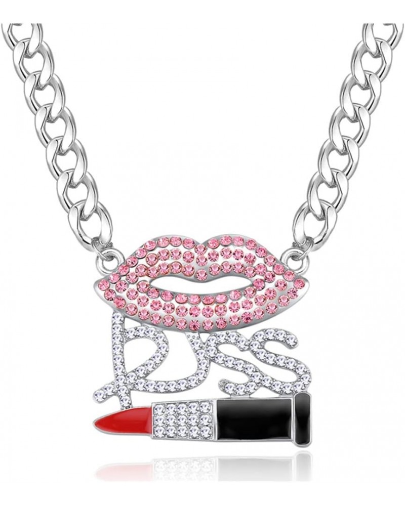 Women's Hip Hop Sparkly Crystal Lips KISS Lipstick Necklace Cocktail Costume Party Chunky Chain Necklace Silver $7.83 Necklaces