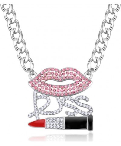 Women's Hip Hop Sparkly Crystal Lips KISS Lipstick Necklace Cocktail Costume Party Chunky Chain Necklace Silver $7.83 Necklaces