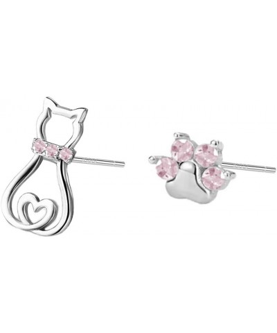 Tiny Cat Paw Stud Earrings for Women Girls 925 Sterling Silver Hypoallergenic Asymmetric Cute Love Heart Pink CZ Kitten Anima...