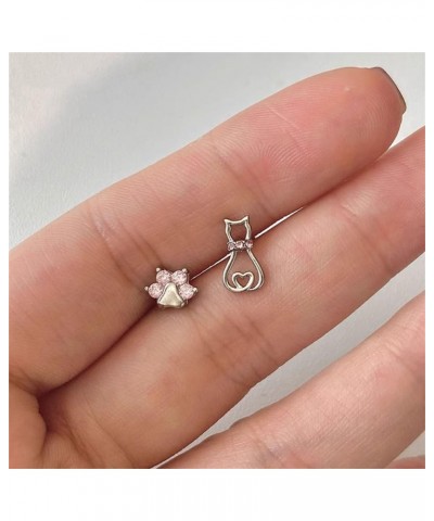 Tiny Cat Paw Stud Earrings for Women Girls 925 Sterling Silver Hypoallergenic Asymmetric Cute Love Heart Pink CZ Kitten Anima...