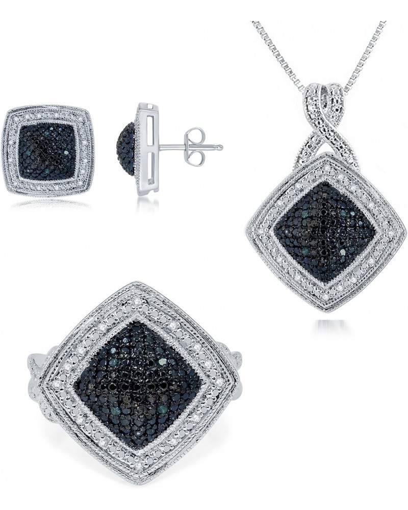 Classic Prong-Set Gold Rhodium Over Brass Blue and Diamond Accent 3 Piece Set Consists of Pendant Earring and Ring for Women ...