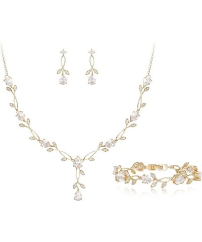 Bridal Cubic Zirconia Jewelry Set for Women, White Simulated Pearl Leaf Vine Pendant Wedding Party Necklace Earrings Set for ...