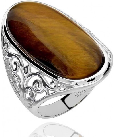 Tiger Eye Stone Statement Ring for Women 925 Sterling Silver Gemstone Magnificent Oval Shaped Tiger Eye Solitaire Ring Mother...