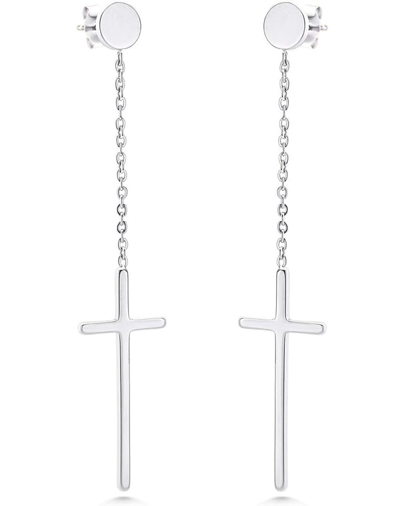 Womens Stainless Steel Hanging Cross Long Dangling Earrings Silver $10.19 Earrings