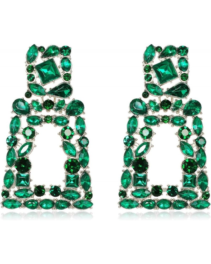 Sparkly Rhinestone Rectangle Dangle Earrings for Women Crystal Geometric Drop Trendy Statement Earrings Green/Silver tone $10...