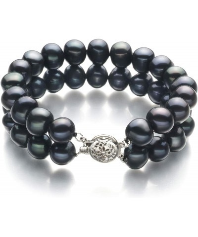 Black 8-9mm Double Strand A Quality Freshwater Sterling Silver Cultured Pearl Bracelet For Women 9.0 Inches $77.08 Bracelets