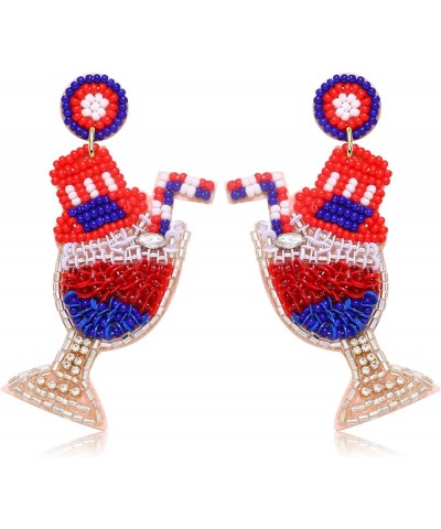 American Flag Earrings Beaded 4th of July Earrings Red White Blue Cocktail Wine Glass Dangle Earrings for Women Patriotic Sta...