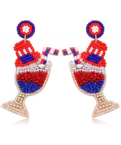 American Flag Earrings Beaded 4th of July Earrings Red White Blue Cocktail Wine Glass Dangle Earrings for Women Patriotic Sta...